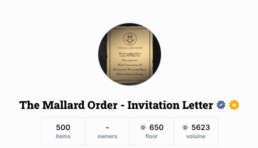 mallardorder's tweet photo. All verified letters airdropped by the order or bought from secondary will be allowed into our headquarters on our Discord opening day. 

Verified Listing - https://t.co/fdo7sWyAV8

Remember, we will announce the Discord launch only on our official Twitter. 🦆
#CNFT #Cardano #ADA https://t.co/aLGKxUhSKq