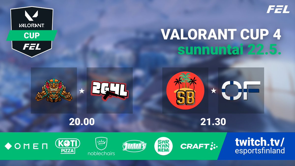 esportsfinland's tweet photo. Sunnuntai on pelipäivä myös Valorant Cupissa – taistelu Suomen mestaruudesta jatkuu! 🤩

⚔️ #BIGWOODS – #2G4L
🕰 20.00

⚔️ #SunnyBeach – @OnlyFinsVal
🕰 21.30

📺 https://t.co/8tOQtU9TJ5
🎙 @KapaKailanto &amp; @Nihvu

#valorantcup #valorantfi #esportsfi https://t.co/zuVZGbUcXN