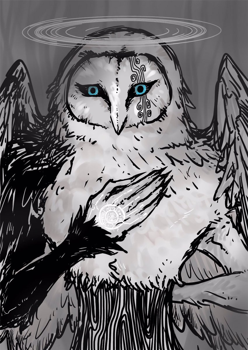 halo blue eyes no humans wings bird monochrome grey background  illustration images