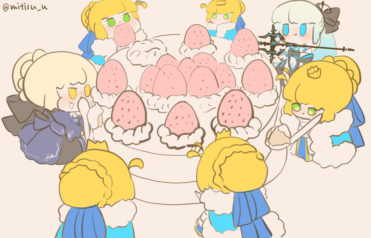 artoria pendragon (fate) multiple girls food crown blonde hair cake braid fruit  illustration images