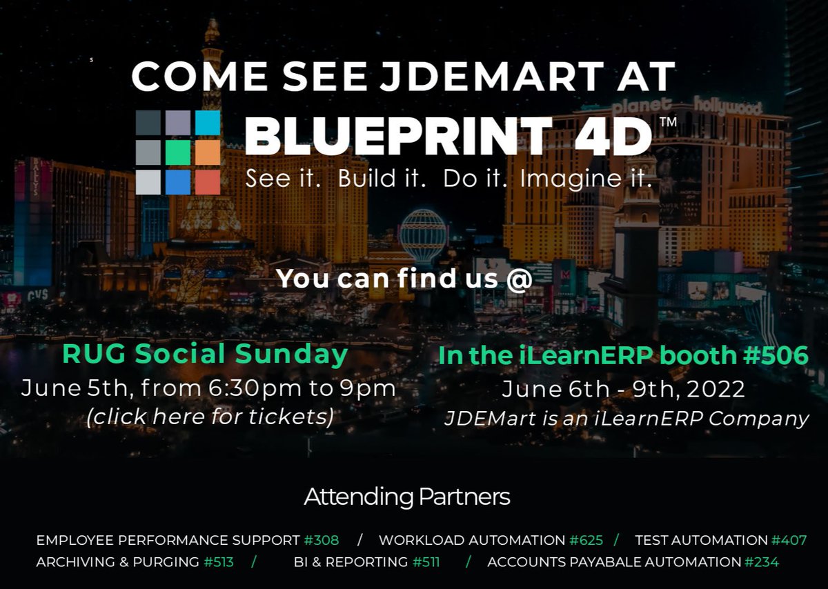 JDEmart_com's tweet photo. Join us at BLUEPRINT 4D. You can find us at RUG Social Sunday June 5th, from 6:30pm to 9pm. Get tickets here: https://t.co/OX7oONsTOn OR meet us  in the iLearnERP booth #506 on June 6th - 9th, 2022  *JDEMart is an iLearnERP Company https://t.co/lxNxNZTtw7