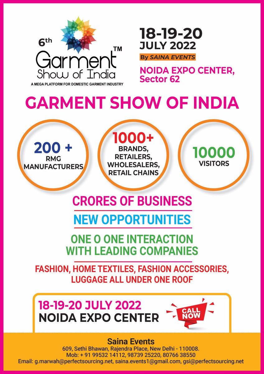 GarmentShow's tweet photo. 6th Edition of 𝐆𝐚𝐫𝐦𝐞𝐧𝐭 𝐒𝐡𝐨𝐰 𝐨𝐟 𝐈𝐧𝐝𝐢𝐚
Date - 𝟏𝟖-𝟐𝟎 𝐉𝐮𝐥𝐲 𝟐𝟎𝟐𝟐
Location - Expo Centre, Sector 62, Noida
Visit - https://t.co/H1ugNjLsBq
Don’t miss an opportunity! 
Contact :-
Gagan Marwah - +91 98739 25220
Deepti Marwah - +91 99532 14112 https://t.co/epO5FnKT6Y
