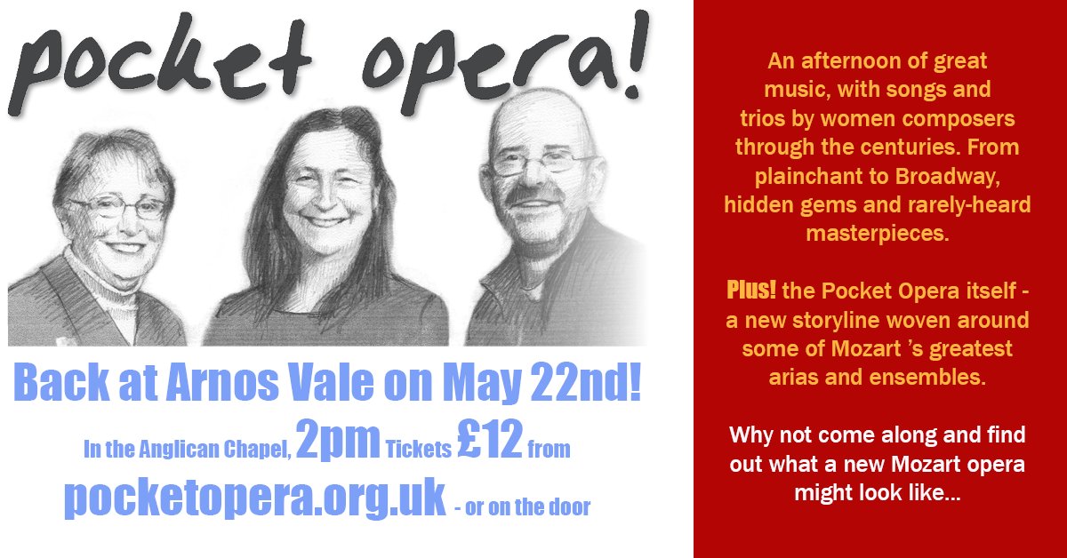 We're back! This afternoon! At <a href="/ArnosValeCem/">@arnosvalecem</a> with music by women composers, and a Mozart Pocket Opera. Come and join us at 2pm
<a href="/bristolrecitals/">bristolsongrecitals</a> <a href="/bbcradio3/">BBC Radio 3</a> <a href="/classicfm/">Classic FM</a> @Opus13Music 

Details on pocketopera.org.uk
