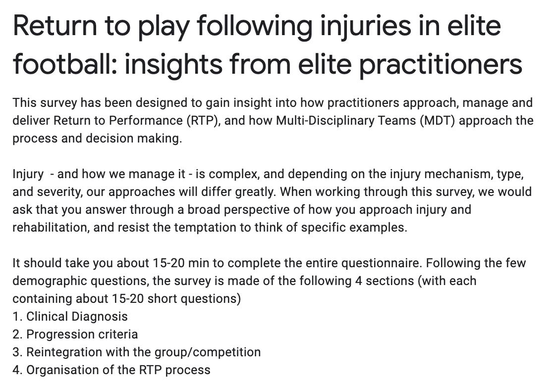 The ⚽️ season comes to an end but before we all go 🏖️🌄🏝️ please help and RT 🙏🙏... 

We're running with <a href="/KitmanLabs/">Kitman Labs</a> a quick 'behind the scenes' survey on Return To Play to investigate the real (vs the ideal) practices 😁🙏🙏

👇👇👇
bit.ly/39Kvac7