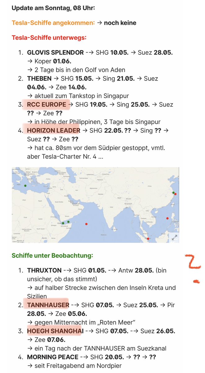 Berlinergy's tweet photo. 1/ Status #Tesla ships from SHG🇨🇳 to Europe🇪🇺
The #RCCEurope left SHG Thursday. However I have seen no video like for the first 2 ships (media att.🤔)
#Horizonleader next candidate (#4)
#Truxton (Info following) followed by #Hoegh and #Tannhauser
under observation (Green) https://t.co/6d2kCvPTPs