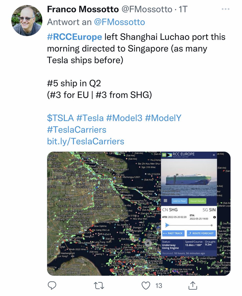 Berlinergy's tweet photo. 1/ Status #Tesla ships from SHG🇨🇳 to Europe🇪🇺
The #RCCEurope left SHG Thursday. However I have seen no video like for the first 2 ships (media att.🤔)
#Horizonleader next candidate (#4)
#Truxton (Info following) followed by #Hoegh and #Tannhauser
under observation (Green) https://t.co/6d2kCvPTPs