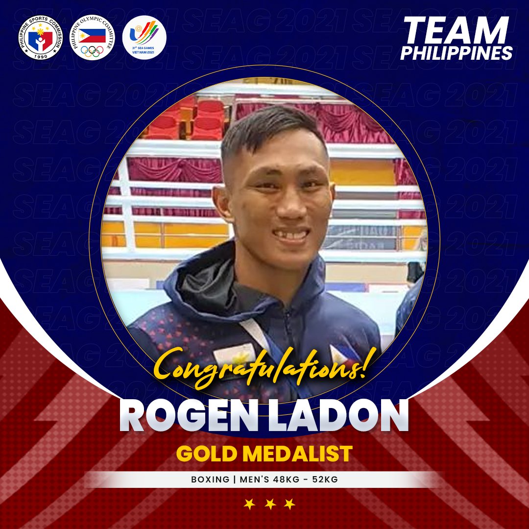psc_gov's tweet photo. 𝗚𝗢𝗟𝗗𝗘𝗡 𝗣𝗨𝗡𝗖𝗛! 🥇🥊

Team Philippines' first gold medal in boxing belonged to 2016 Olympian Rogen Ladon in the Men's 48kg-52kg class of #SEAGames31.

Congratulations and thank you, Rogen!

Mabuhay ang #GalingngAtletangPinoysaHanoi! 🇵🇭

#IAmSportsPositive https://t.co/OKMaRqeP3X