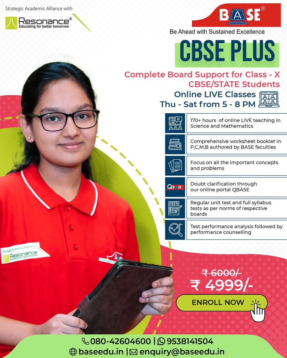 BASEEducational's tweet photo. 📣 Introducing 𝗖𝗕𝗦𝗘 𝗣𝗹𝘂𝘀 𝗣𝗿𝗼𝗴𝗿𝗮𝗺 - A Complete Board support for class-X CBSE/STATE students.

📞 For admissions enquiries, call us on 080-4260 4600.

#CBSE #OnlineCourse #10thClass #10thCBSE #BASEForSuccess #EarlyToBASEEarlyToSuccess https://t.co/9AsQ2fDVcp