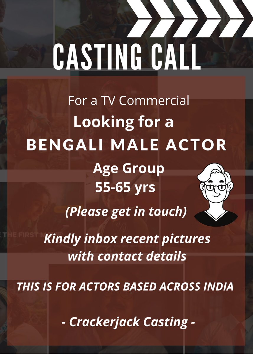 CastCrackerjack's tweet photo. #castingcall 📢

-Casting for a TVC

Looking for Bengali male actor
-Age - 55 to 65 years old
-All India

Kindly Inbox pictures with contact details. 

Thankyou.

#cast #casting #actor #bengali #bengaliactor #tvc #ad https://t.co/NADalfZheM