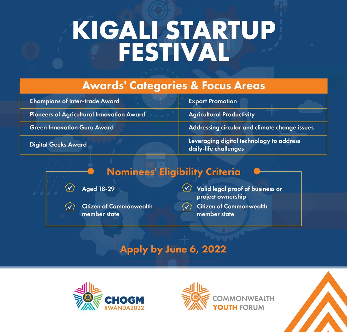 Hello Commonwealth youth! Do you have a project that addresses youth skilling &amp; education, agricultural productivity, green economy, or youth access to employment? Apply here bit.ly/startupfest2022 to win Cash Prizes at the Kigali Startup Festival. #CYF2022  #CHOGM2022