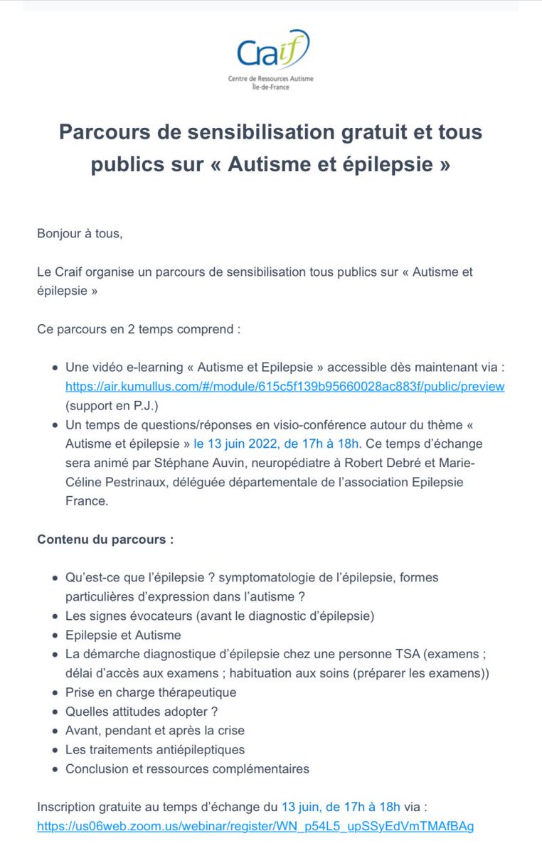 Le CRAIF propose une sensibilisation gratuite et ouverte à tous publics sur l’autisme et l’épilepsie. Vidéo e-learning « Autisme et Épilepsie » en accès immédiat : air.kumullus.com...
Inscription gratuite au temps d’échange du 13 juin de 17h à 18h :
lnkd.in/ei9y_dVw