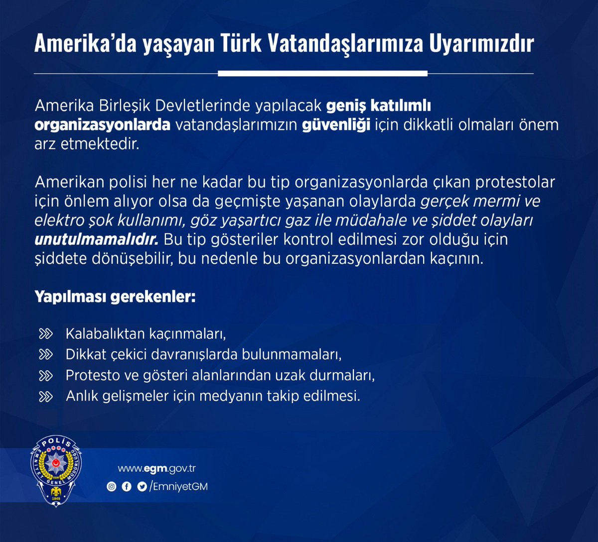 Amerika'da yaşayan Türk Vatandaşlarımıza Uyarımızdır ⬇️
