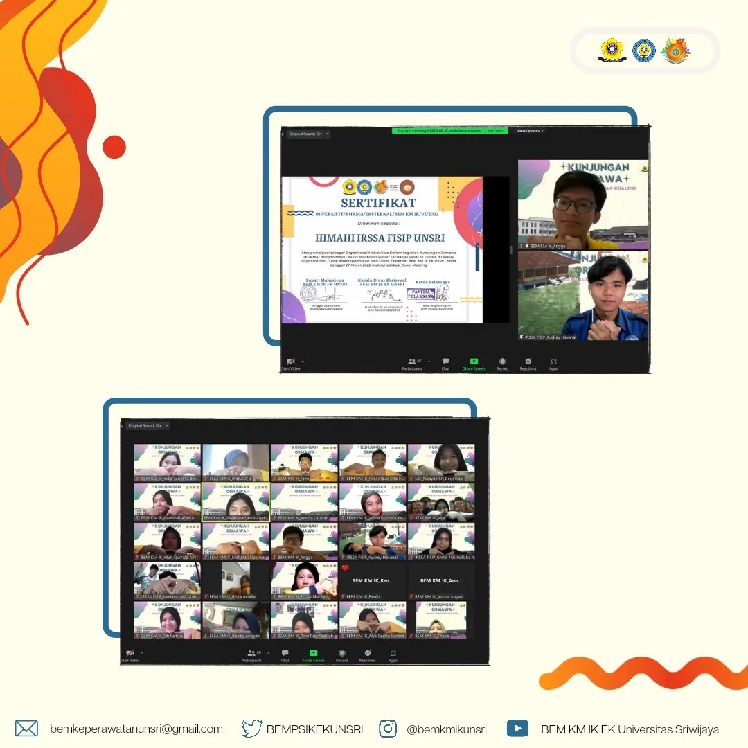 [KUNJUNGAN ORMAWA]

Telah dilaksanakan Kunjungan Ormawa antara BEM KM IK FK UNSRI dan IRSSA FISIP UNSRI pada  hari Minggu, 27 Maret 2022 melalui zoom meeting.
_
Dinas Eksternal
BEM KM IK FK Unsri 2022
#EksternalExistFroKMIKUnsri
#KabinetVarsena
#SatuMimpiSatuTujuan