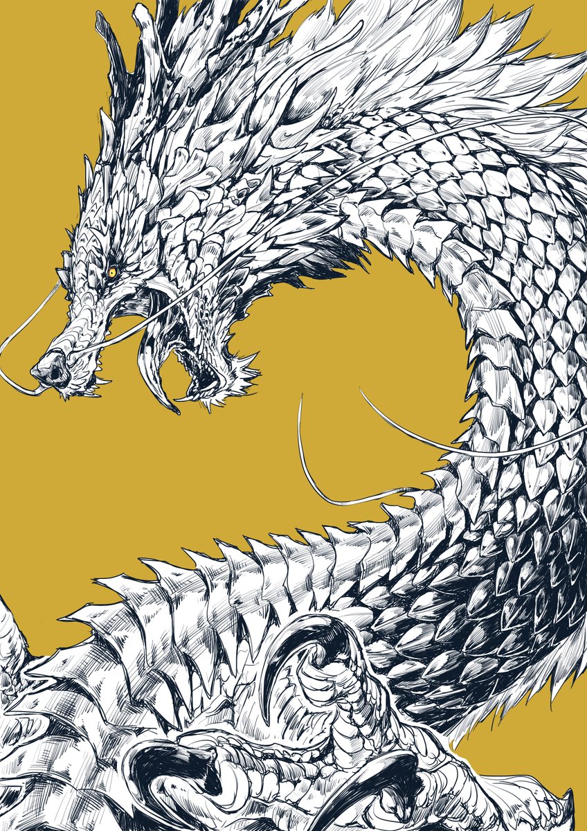 dragon yellow background no humans simple background open mouth greyscale with colored background sharp teeth  illustration images