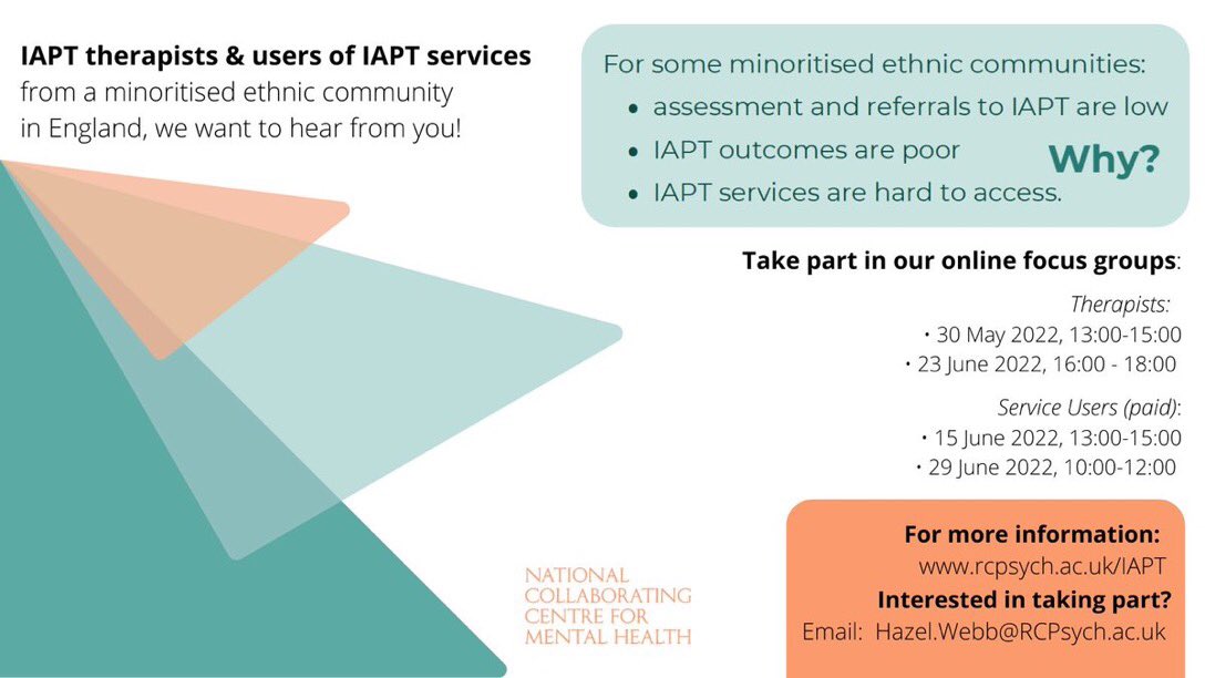 Dr Habib Naqvi MBE (@drhnaqvi) on Twitter photo <a href="/NHS_RHO/">NHS Race & Health Observatory</a> has commissioned a review on improving access, experience & outcomes related to psychological therapies #IAPT for diverse communities.
<a href="/NCCMentalHealth/">NCCMH</a> want to hear from ethnic minority therapists & service users. Have your say on how we can improve these vital services <a href="/NHS_RHO/">NHS Race & Health Observatory</a> has commissioned a review on improving access, experience & outcomes related to psychological therapies #IAPT for diverse communities.
<a href="/NCCMentalHealth/">NCCMH</a> want to hear from ethnic minority therapists & service users. Have your say on how we can improve these vital services
