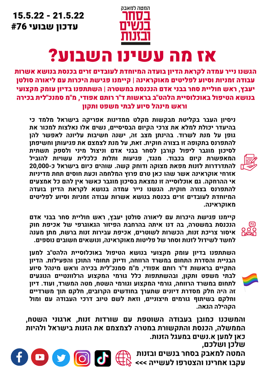 maavak1's tweet photo. לא נפסיק להגיד את זה: לתת לפליטים ופליטות אשרות שהייה מבלי לתת אשרות עבודה, זו דה-פקטו הסללה לזנות. מחר נגיע לדיון בוועדה בכנסת כדי להמשיך ולהתעקש שאין פיתרון אחר. 

לקריאת הסיכום השבועי באתר שלנו >> https://t.co/I5J0pAK9i6 https://t.co/G63ID2O1zu