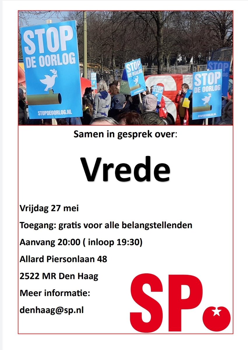 Aanstaande vrijdagavond 27 mei organiseren we een speciale avond over Vrede in ons Pand aan de Allard Piersonlaan 48.

Samen gaan we met een interessante spreker het gesprek aan over de alternatieven voor de huidige oorlogspolitiek. Mis het niet, kom aanstaande vrijdag langs!
