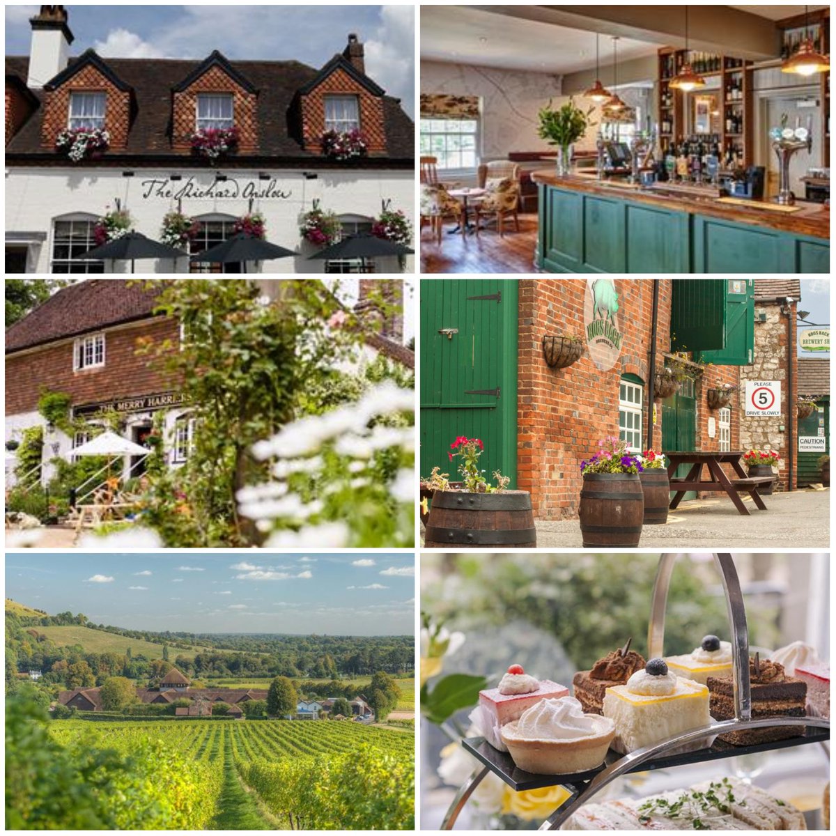 It's always a good day to explore the Surrey food and drink trail: visitsurrey.com/food-and-drink 🥂☀️😋

Pictured: <a href="/merryhambledon/">Merry Harriers</a>, The Cock Inn, The Richard Onslow, <a href="/HogsBackBrewery/">Hogs Back Brewery</a>, <a href="/denbiesvineyard/">Denbies Wine Estate</a> and <a href="/OPHotel/">Oatlands Park Hotel</a>.