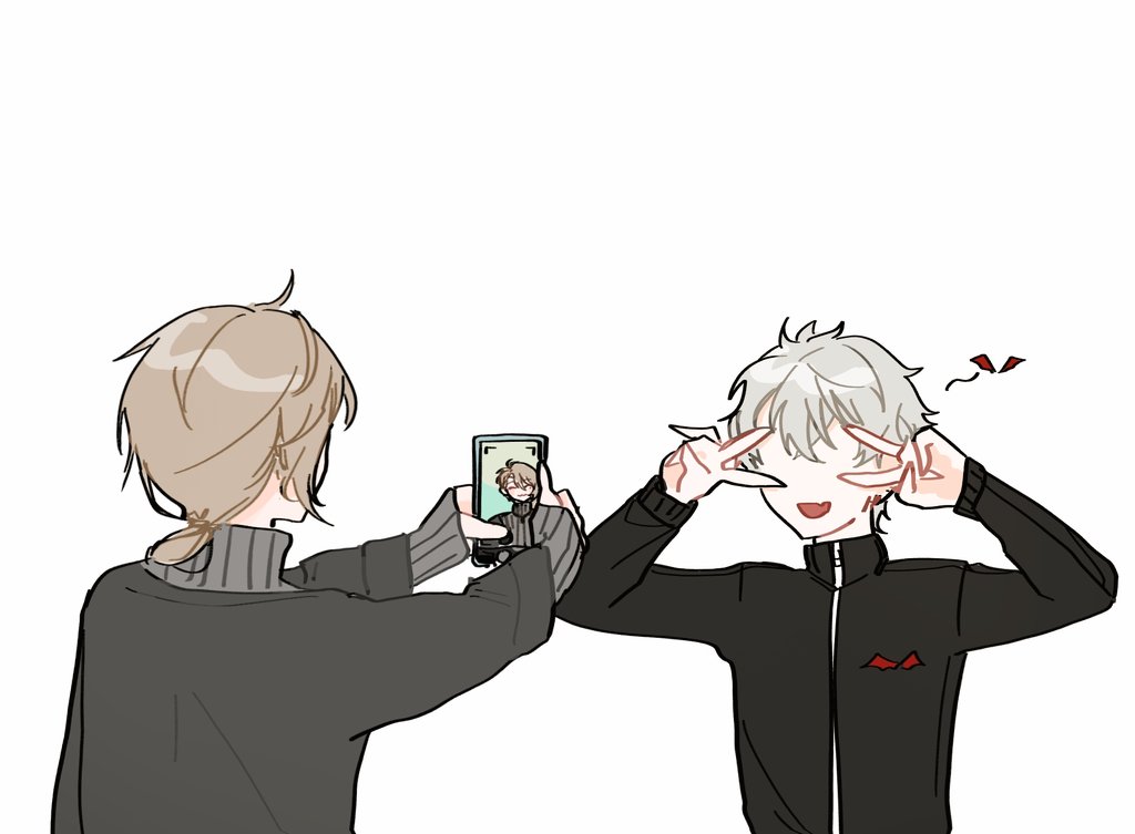 kuzuha (nijisanji) multiple boys phone cellphone male focus 2boys jacket holding phone  illustration images