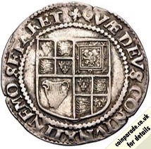 The 1623 Shilling - James I: This silver coin would have been struck between 1623 and 1624. Third coinage. Tower (London) mint. The Reverse show a Coat of Arms. The Obverse shows the Crowned sixth bust  of King James I. Read more at bit.ly/3LpzOe5