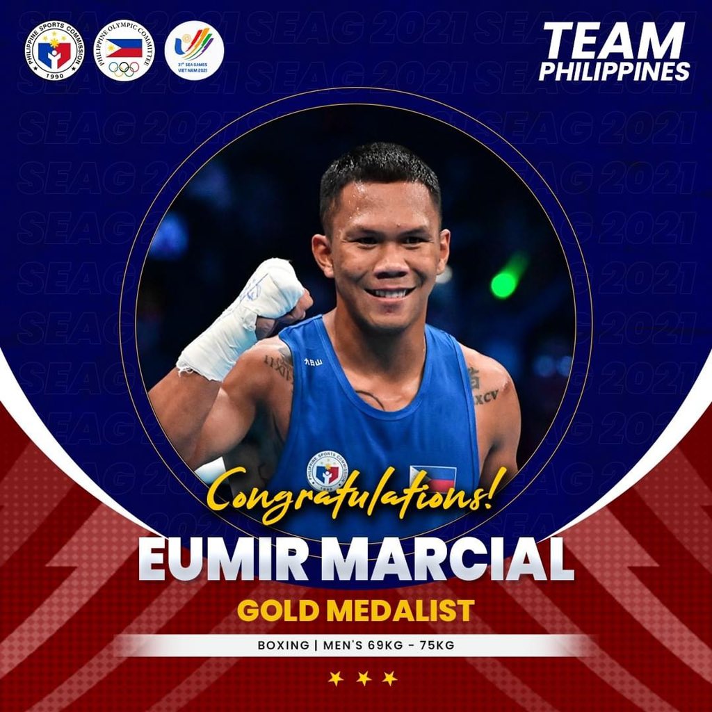 psc_gov's tweet photo. 𝟑𝐑𝐃 𝐆𝐎𝐋𝐃 𝐈𝐍 𝐁𝐎𝐗𝐈𝐍𝐆!🥇🇵🇭

Congratulations to our 2020+1 Tokyo Olympic bronze medalist Eumir Felix Marcial for clinching Team Philippines’ third straight boxing gold medal at #SEAGames31.

#GalingngAtletangPinoysaHanoi! 🇵🇭
#IAmSportsPositive
#parasainangbayan https://t.co/sDGsNnCM2I