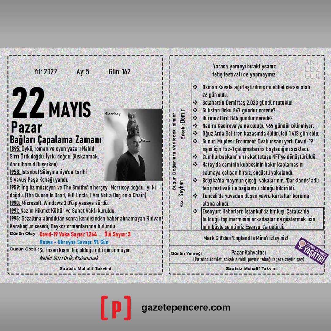 gazetepencere's tweet photo. "Bağları Çapalama Zamanı"
22 Mayıs 2022 Muhalif Takvim https://t.co/hxu35vgDS3
@AnOzguc #AnılÖzgüç #MuhalifTakvim #22Mayıs #NahidSırrıÖrik #Morrisey #TheSmiths #RıdvanKarakoç #MarkGill #EnglandisMine #İstanbulSözleşmesi https://t.co/ThiUkD52uw