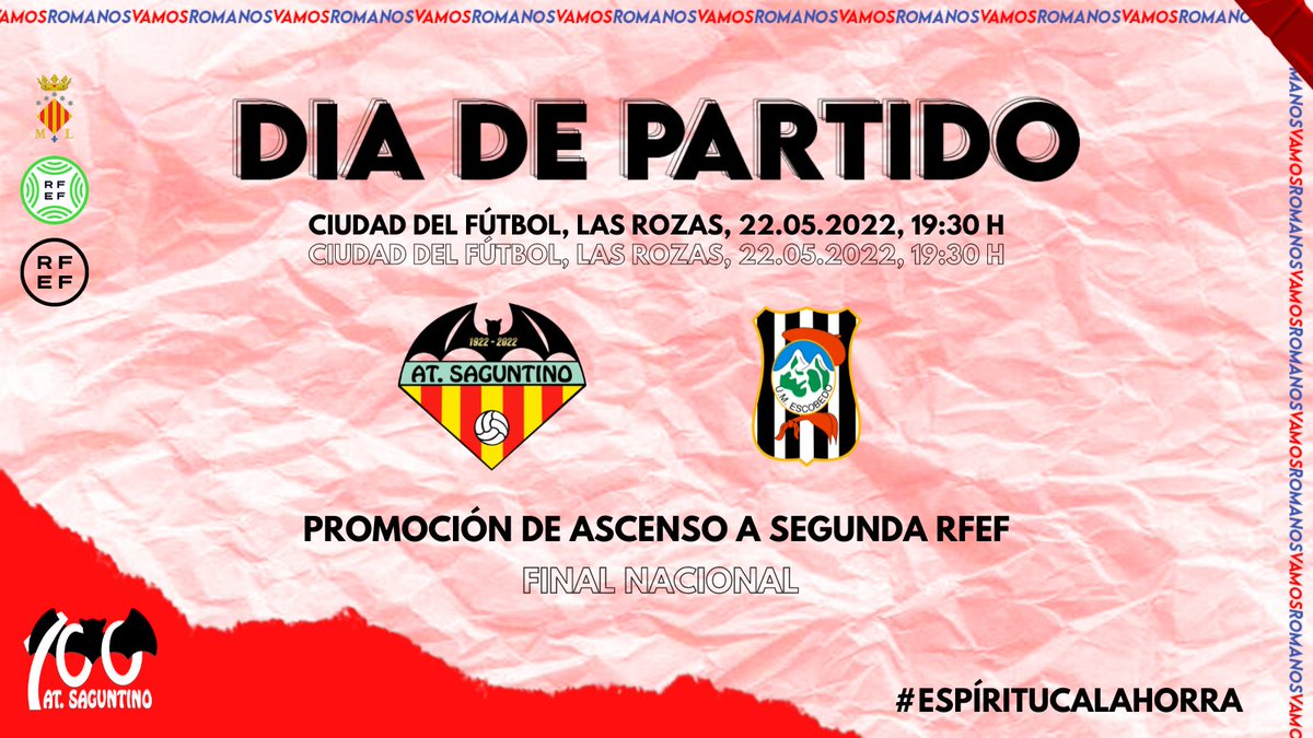 ⚽ 𝐃 Í 𝐀   𝐃 𝐄   𝐏 𝐀 𝐑 𝐓 𝐈 𝐃 𝐎

Hoy es el 𝗚𝗥𝗔𝗡 día, afición 🤩

¡𝙅𝙐𝙉𝙏𝙊𝙎, 𝘼 𝙋𝙊𝙍 𝙀𝙇 𝘼𝙎𝘾𝙀𝙉𝙎𝙊! 💪🏼⚔️❤️💙

#SaguntinoEscobedo #EspírituCalahorra #100AñosDeUnSueño