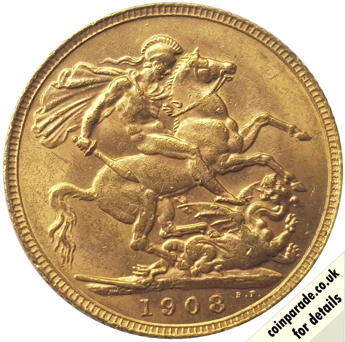 The 1908 Gold Sovereign. London Mint.: The sovereign depicts Benedetto Pistrucci’s famous portrayal of St George slaying the dragon on the reverse of the coin. No letter above the date indicates the sovereign was produced in London. Read more at bit.ly/3Ix9gVM