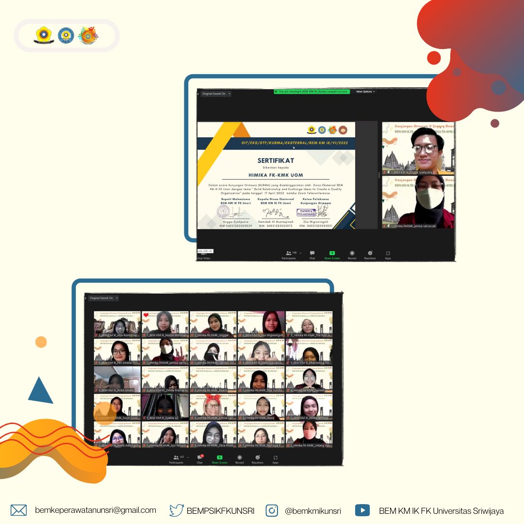 [KUNJUNGAN ORMAWA]
Telah dilaksanakan Kunjungan Ormawa antara BEM KM IK FK UNSRI dan Himika FK-KMK UGM pada  hari Minggu, 17 April 2022 melalui zoom meeting.
__
Dinas Eksternal
BEM KM IK FK Unsri 2022
#EksternalExistFroKMIKUnsri
#KabinetVarsena
#SatuMimpiSatuTujuan