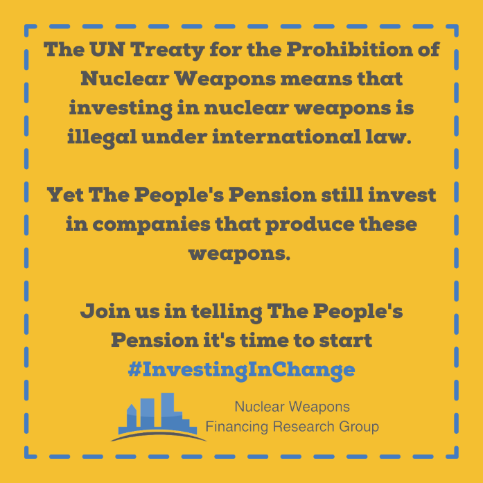 Did you know that @PeoplesPension invests in companies involved in the production of nuclear weapons? 

Join us in calling for them to end this immoral investment and start #InvestingInChange