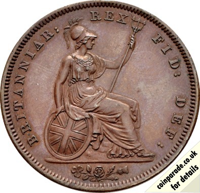 The 1826 Penny - George IV: Copper Penny of George IV. Second Issue. Diameter 34mm, London Mint. The Reverse, by William Wyon, is Britannia, seated, with trident and Union shield; shamrock, rose, and thistle in exergue. Read more at bit.ly/366Im6i