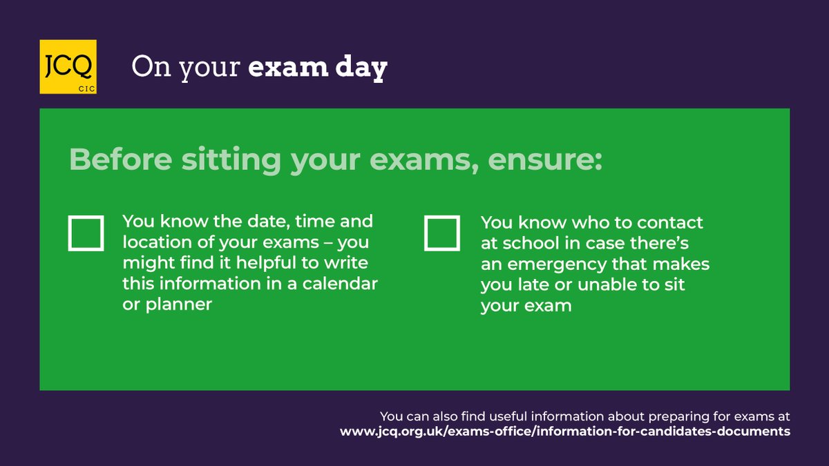 Are you sitting exams again next week? If so, here are some more top tips to help you prepare #exams2022 #gcses2022 #alevel2022. You can find more information on our website: jcq.org.uk/exams-office/i…. Good luck!