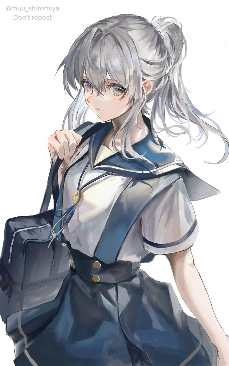 1girl solo school uniform skirt white background bag grey eyes  illustration images