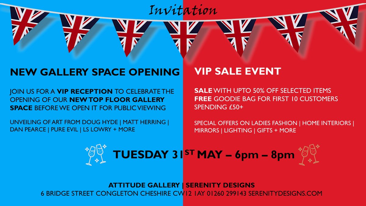 SerenityDesigns's tweet photo. Alongside @AttitudeGallery's gallery event we're having a VIP SALE EVENT with special offers on Tuesday 31st May - 6pm - 8pm
#ShopLocal #ShopCongleton #HomeInteriors #Gift #Homewares #SaleEvent #SerenityDesigns #Congleton https://t.co/55fnbdSVbb