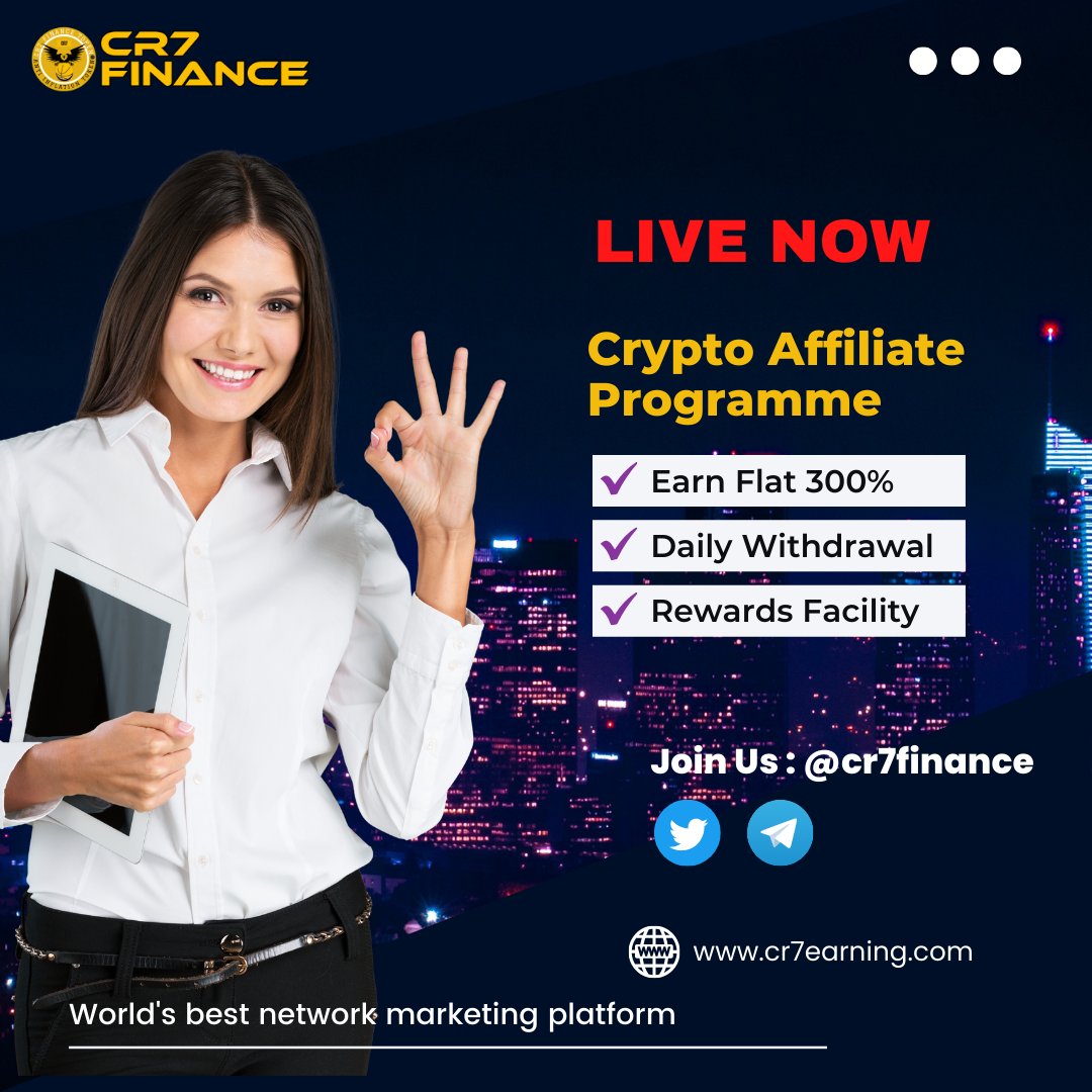cr7finance's tweet photo. Affiliate Marketing Plan is Live now - Join now and earn flat 300%.
World's First Crypto Investment Platform with Affiliate Program.

Join Here : https://t.co/0Sjgp8N7pj

#CR7𓃵 #CR7 #cryptocurrency #cryptotrading #Crypto #Bitcoin #investing #networking #affiliateprogram https://t.co/YB2XRmPSs6