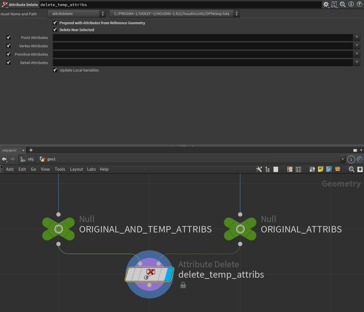 #Houdini snippet: Easy way to clean up temp attributes.

To delete the attribute difference between two branches, simply wire the baseline to the 2nd input of an Attribute Delete and turn on the first two toggles of the node.

#SideFXLabs #TechArt #gamedev #indiedev #UE5 #unity3d