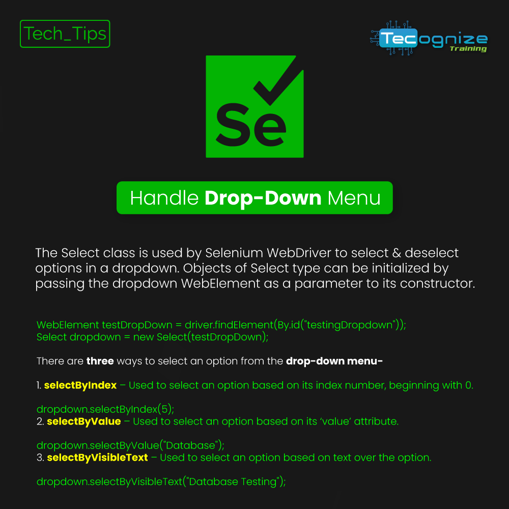 Tecognize's tweet image. Tech Tips
#techtips #dropdownmenu #se #selenium #webdriver #webelement #parameter #constructor #tecognize #tecognizetraining #coding #software #ict #tips #techonology