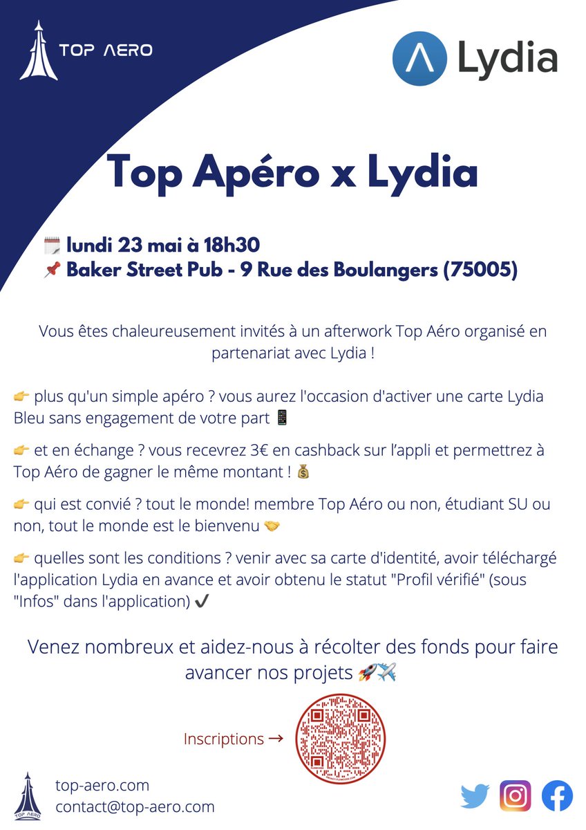 Top_AeroSU's tweet photo. Top Apéro ouvert à tous les intéressés !🚀✈️
En partenariat avec Lydia qui vous offre l'opportunité d'activer une carte Lydia bleu sans engagement pour nous soutenir😎

Le formulaire pour s'inscrire : https://t.co/zoVcLRB8ZU

#vieétudiante #lydia #TopAero https://t.co/KvNHeEQnJy