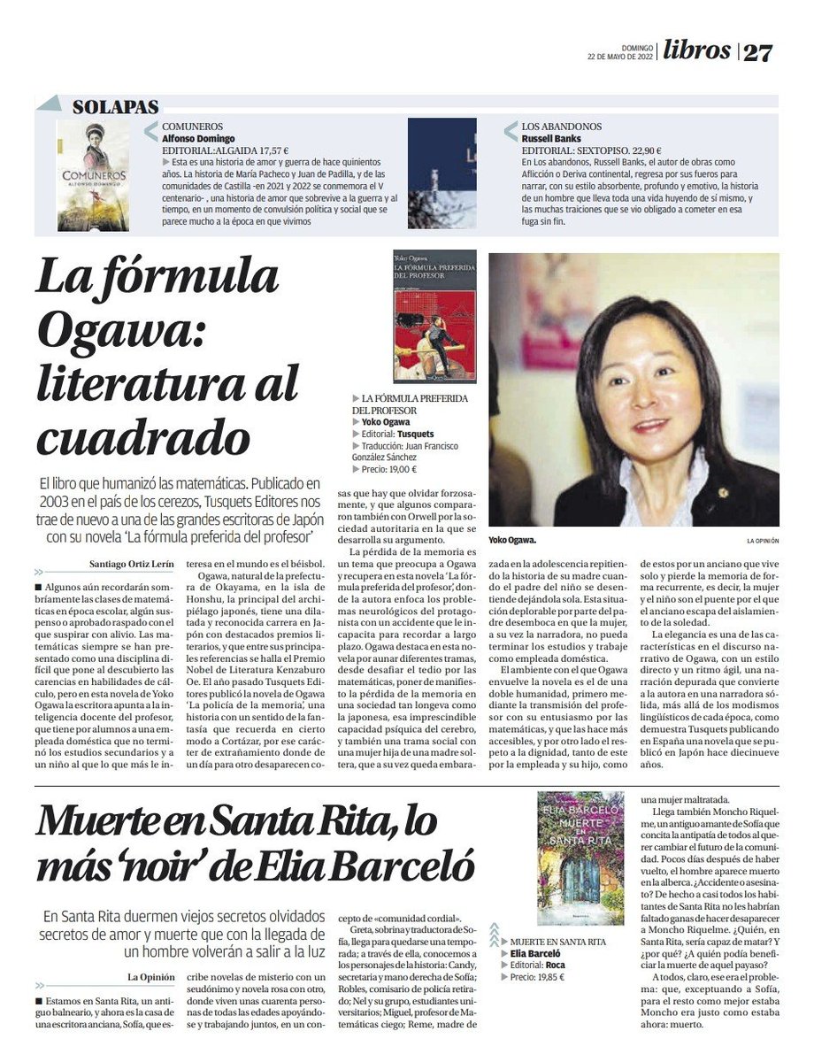 22/05/2022 'La fórmula de Ogawa:. literatura al cuadrado' en @opiniondemalaga 🗞️, suplemento @Opinionlibros 📚, por la novela 📘 'La fórmula preferida del profesor' de ✍️ Yoko Ogawa 🇯🇵, @TusquetsEditor 

#yokoogawa #tusquets #literaturajaponesa #librosrecomendados