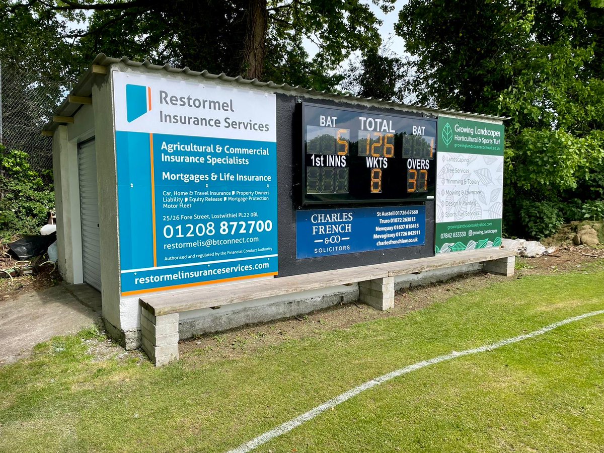 📣 Sponsors shout out. 📣

Ground shed and scoreboard looking great thanks to our valued sponsors. <a href="/restormelins/">Restormel Insurance</a>, @CFrenchandCo and Growing Landscapes (find on insta). More opportunities for your brand or business at the ground. Get in touch for more details. #cornwallcricket