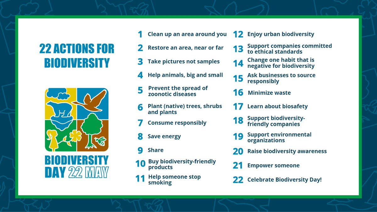 22 May is #BiodiversityDay – a chance to commit to helping protect the incredible diversity of life on Earth. 🌏🌱 We all have a role to play in acting #ForNature. Discover 22 actions you can take to support #biodiversity via @UNBiodiversity. ➡️ bit.ly/3lwTP6N