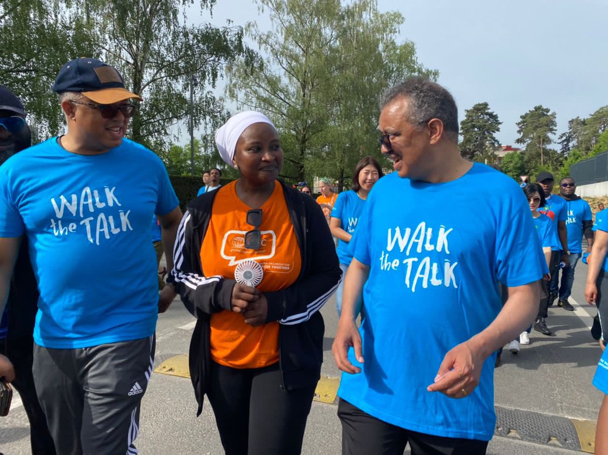 DrZSB's tweet photo. Energetic start to the day @WHO #WalkTheTalk with colleagues @uicc, @DrTedros, my brother and deputy DG @Chikwe_I so many wonderful people; great atmosphere; calories burned…Adopting a regular and serious exercise regime has truly changed my life. #HealthForAll #walkawaycancer https://t.co/tVJRDCQaq1