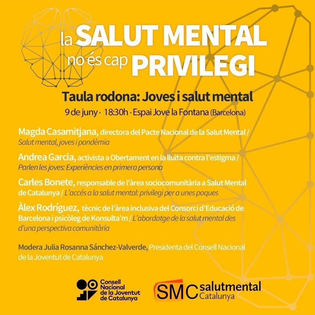 SalutMentalCat's tweet photo. ⚠️ La Salut Mental no és cap privilegi! 
👉 Sota aquesta premissa neix la taula rodona sobre #Joves i #SalutMental que tindrà lloc el proper dijous 9 de juny a les 18:30h a @EjLaFontana. 
📢 https://t.co/ZruR4uofTk
@CNJCat https://t.co/dUFsFDAHbf