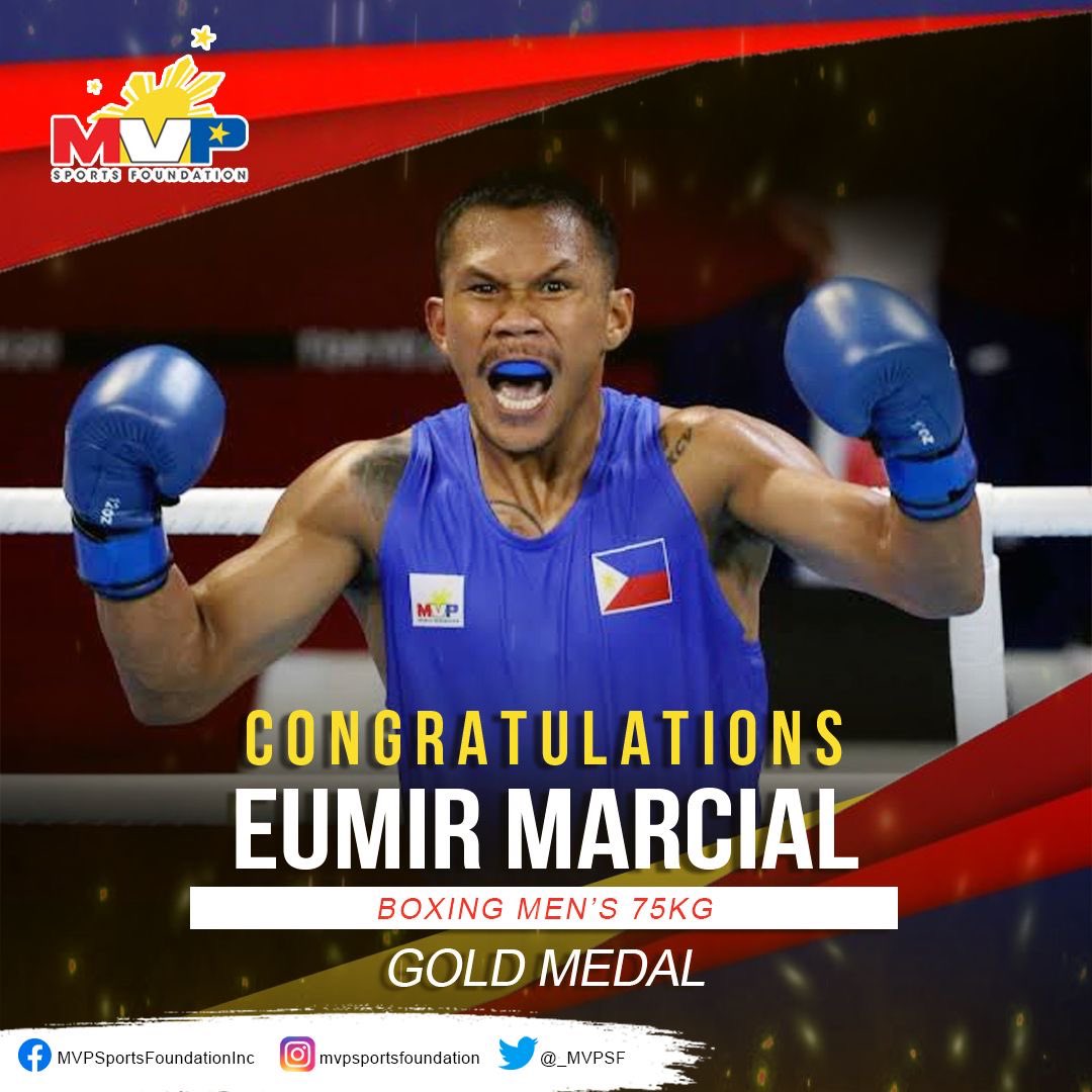 THIRD 🥇 IN BOXING! 🥊

Olympic boxer Eumir Marcial wins the gold medal in the men's 75kg division at the 31st Southeast Asian Games! Congratulations! 🇵🇭💯💪

Follow us on our social media handles! IG/FB/Twitter👉🏼 mvpsfph 

#TungoSaGinto
#SEAGames2022