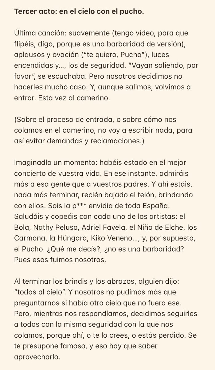Juangarciaherr's tweet photo. De una sobremesa con mis amigos, de la noche en la que El Madrileño presentó “Sin cantar ni afinar” en su Madrid, y de cómo acabamos en el cielo bailando con el Pucho, en tres actos.

Ah, y de que queráis mucho a vuestras madres, como hace @c_tangana. De todo eso escribo. https://t.co/kFZ89VO0ub