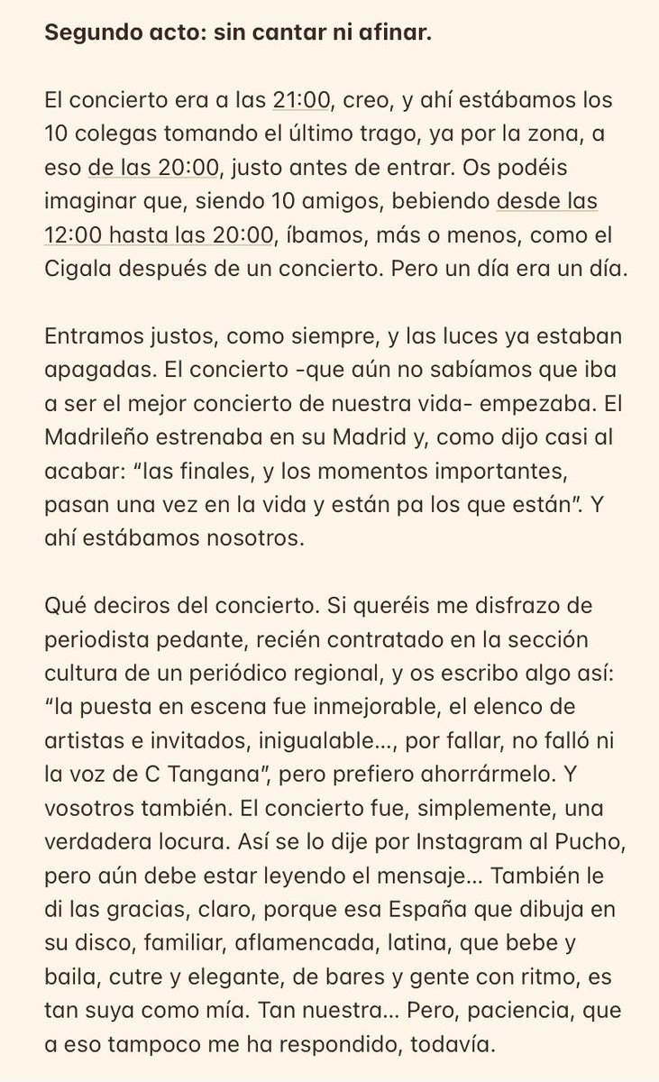Juangarciaherr's tweet photo. De una sobremesa con mis amigos, de la noche en la que El Madrileño presentó “Sin cantar ni afinar” en su Madrid, y de cómo acabamos en el cielo bailando con el Pucho, en tres actos.

Ah, y de que queráis mucho a vuestras madres, como hace @c_tangana. De todo eso escribo. https://t.co/kFZ89VO0ub