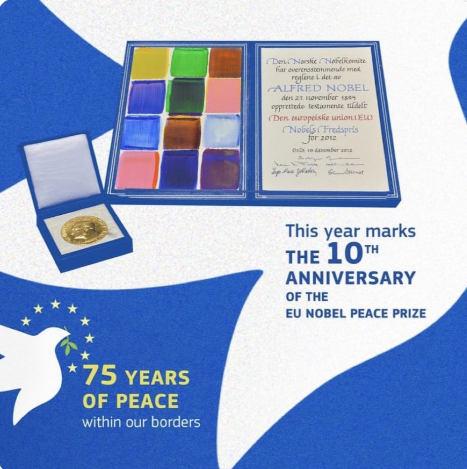 RolandKobia's tweet photo. It has been 10 years the #EU has received the #nobelpeaceprize. Being recognised for our work on peace internally is a further responsibility to work on peace every day, also externally. Peace is possible. #EuropeanUnion #NobelCommittee #Peace #PeacefulResolutionOfConflicts. https://t.co/ye4DEpPvTu