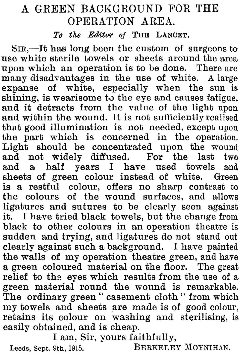 Ameliyathane duvarlarının ve ameliyat örtülerinin yeşil olmasını öneren ilk tavsiye mektubu-Lancet 1915.