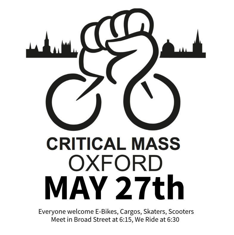 Weather is looking great for this Fridays Critical Mass, meet in Broad Street for a gentle ride with other on mass. Hoping to stop for a drink/chat during the ride this month. All welcome. <a href="/OxonCyclingNet/">Oxfordshire Cycling Network</a> <a href="/JoyRidersOxford/">JoyRiders Oxford</a> <a href="/BrokenSpokeCoop/">Broken Spoke Bike Co-op</a> <a href="/XR_Oxford/">Extinction Rebellion Oxford</a>