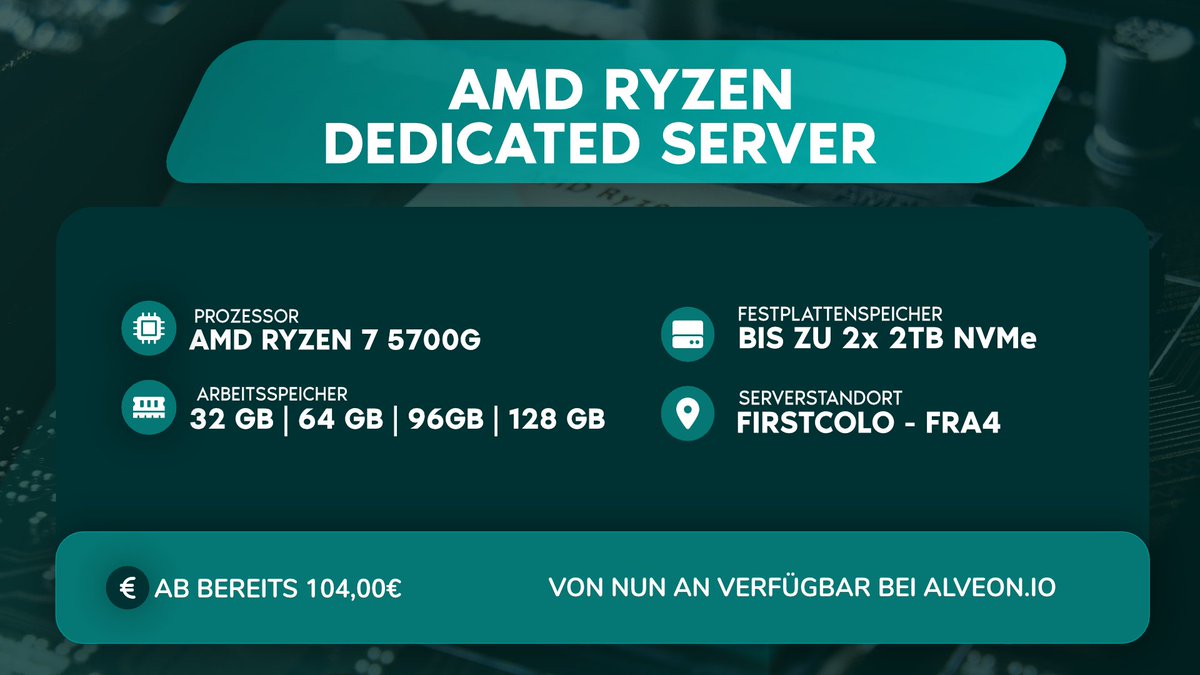 AlveonIo's tweet photo. NEU 🚀 AMD RYZEN DEDICATED SERVER

Jeder Träumt doch von einem leistungsstarken Dedicated Server, oder?
Mit der superschnellen AMD Ryzen 7 5700G CPU, bis zu 128GB DDR4 RAM und bis zu 2x2TB NVMe Speicher wird wirklich jeder Traum wahr 🔥

➥ https://t.co/035es52RFd https://t.co/LXIRtrqsTV